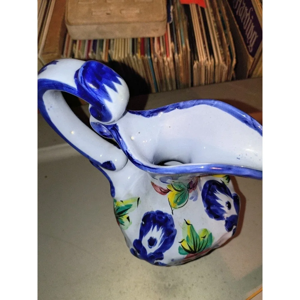 VTG Vestel Alcobaco Pottery Portugal  Water Pitcher, Blue With Flowers 8